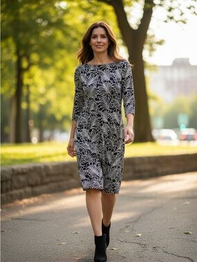ABS Allen Schwartz Black & White Leaf-Print Midi DressNWT